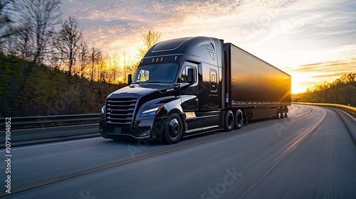 A modern black truck traveling on a highway during sunset, showcasing the beauty of logistics and the open road.