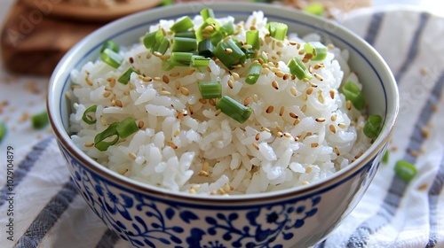 Delicious and wholesome Asian style rice bowl filled with a variety of fresh colorful vegetables herbs and other nutrient rich ingredients A healthy balanced meal that nourishes the body and soul