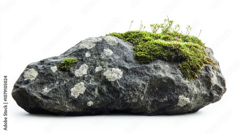 Fototapeta premium Green moss on stone, isolated on white background 