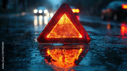 Red Emergency Triangle Reflected in Wet Asphalt During Rain