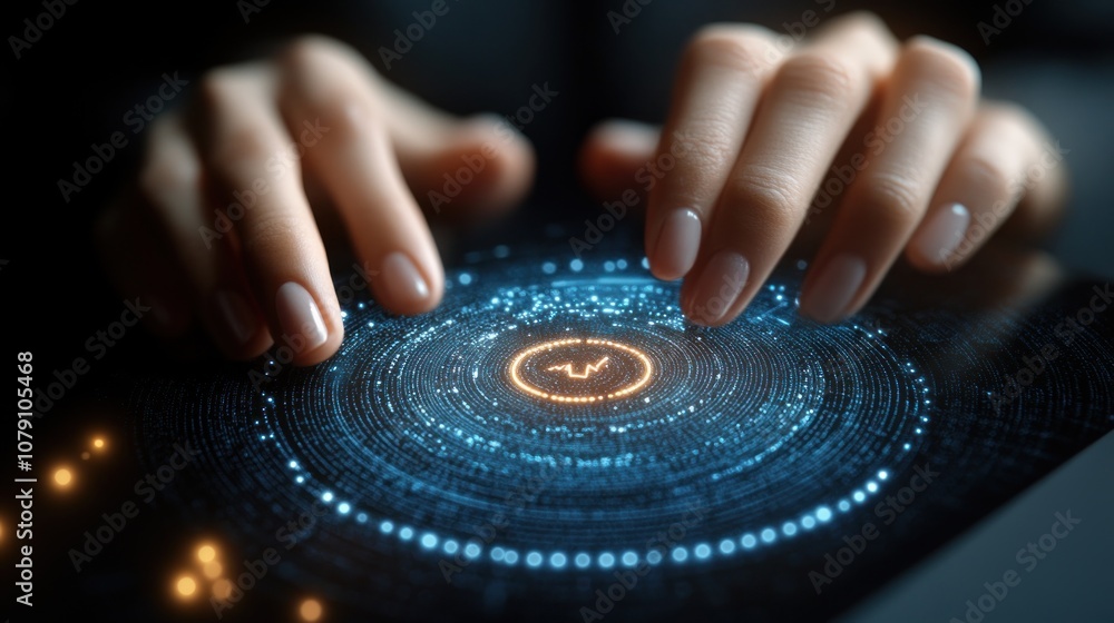 Woman's hand touching a glowing futuristic interface on a tablet. Woman's hand touching a glowing futuristic interface on a tablet.