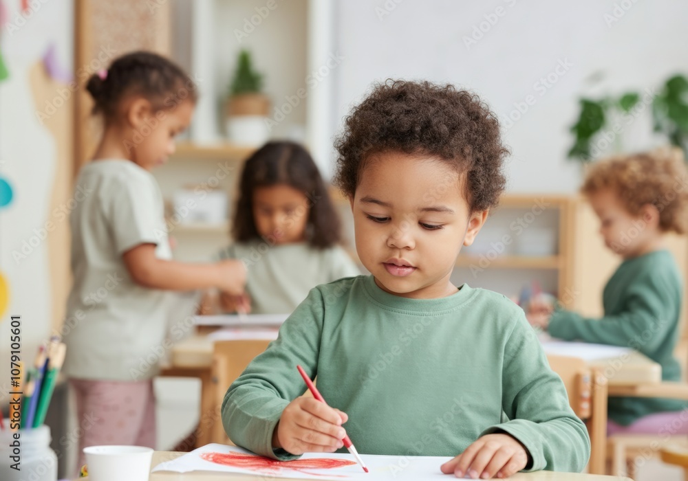 Little Boy Drawing with Crayons in Classroom Little Boy Drawing with Crayons in Classroom