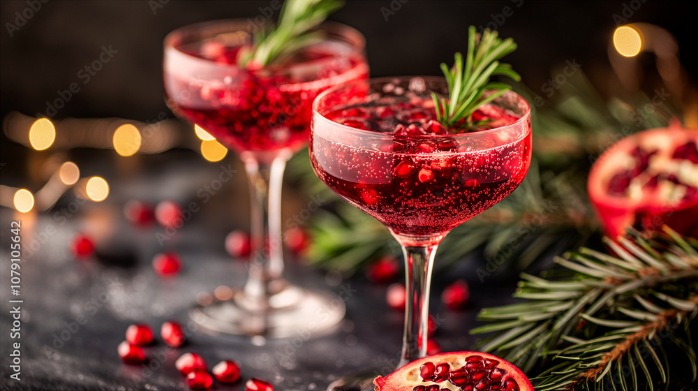 Pomegranate cocktail served in elegant glassware for festive winter holidays. Generative AI Pomegranate cocktail served in elegant glassware for festive winter holidays. Generative AI
