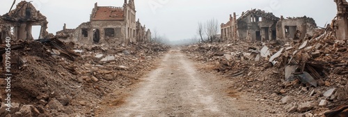 War torn village with broken roads and debris showing WWII