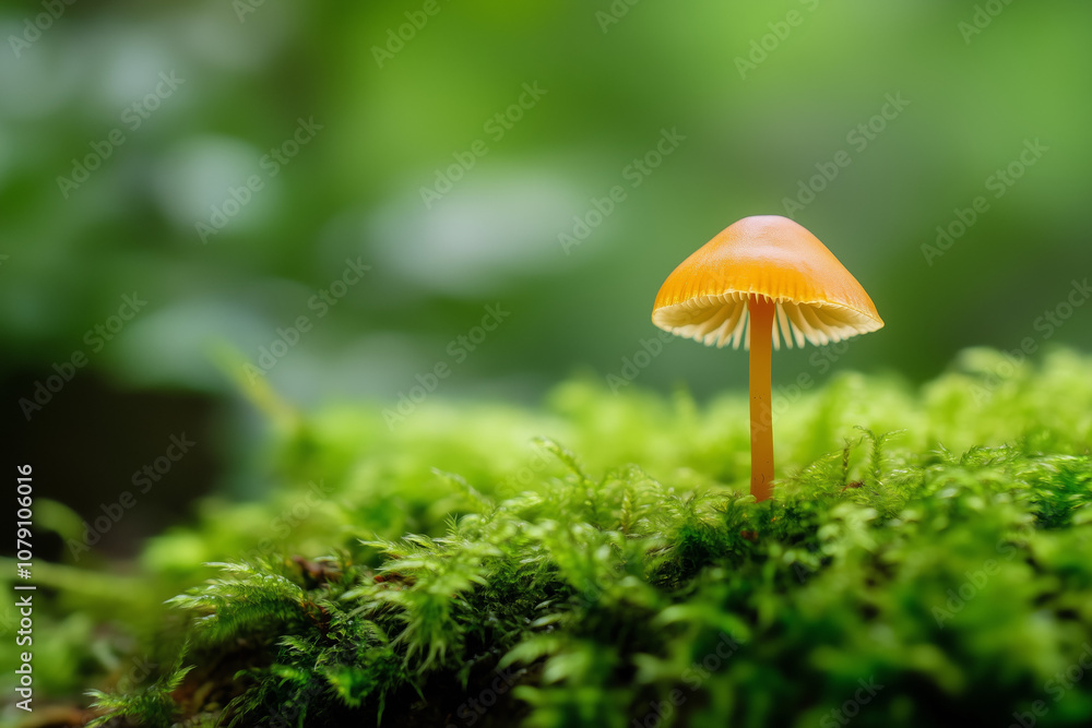 Close-up of a tiny mushroom growing on a mossy forest floor. Close-up of a tiny mushroom growing on a mossy forest floor.