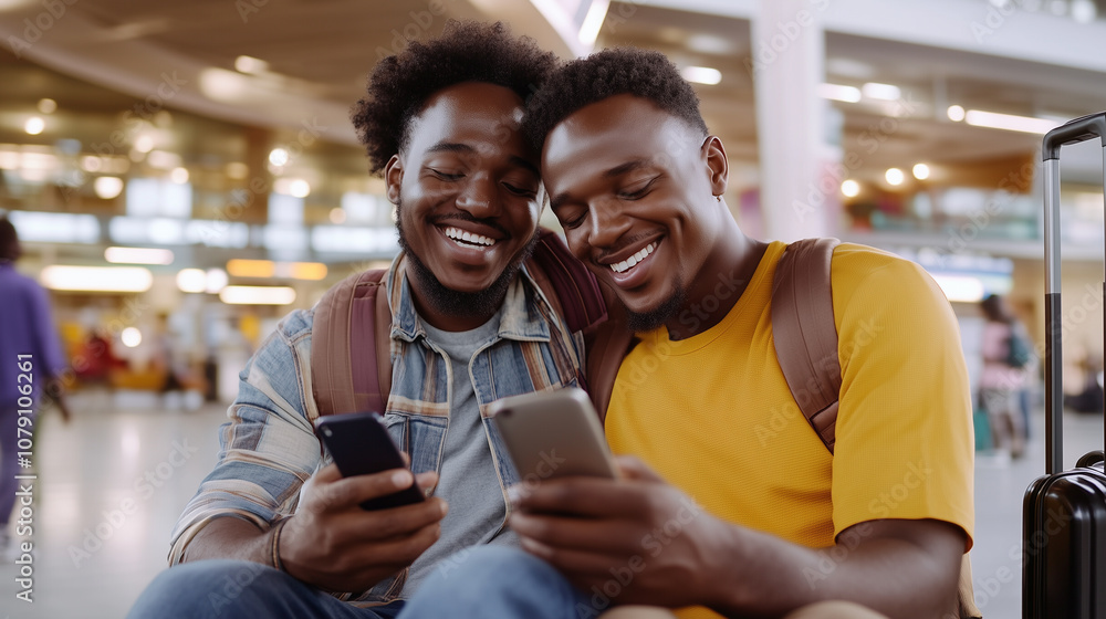 A Joyful Gay Couple Awaits Their Flight at the Bustling Airport, Enjoying Moments Together and Sharing Smiles Over Their Phones