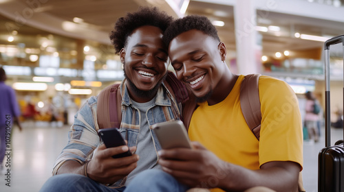 Obraz na płótnie A Joyful Gay Couple Awaits Their Flight at the Bustling Airport, Enjoying Moments Together and Sharing Smiles Over Their Phones w salonie