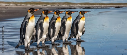 King penguins walking in a row on a remote beach