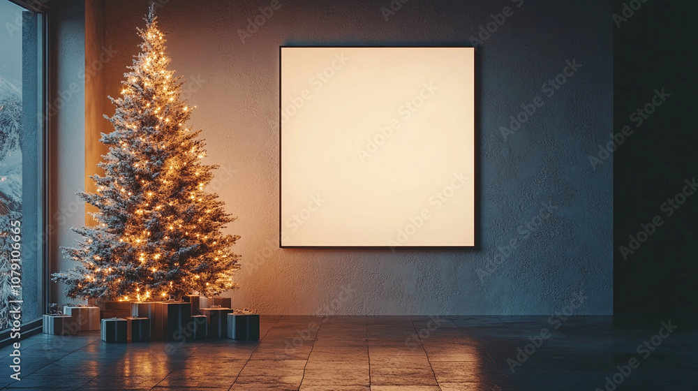 Festive living room with a Christmas tree and a blank canvas during winter season Festive living room with a Christmas tree and a blank canvas during winter season