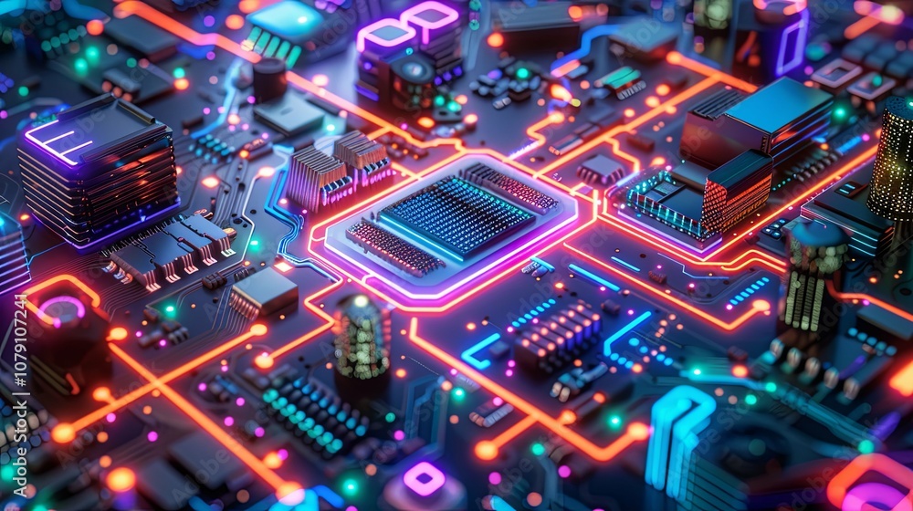 Neon-lit Circuit Board with Central Processing Unit Neon-lit Circuit Board with Central Processing Unit