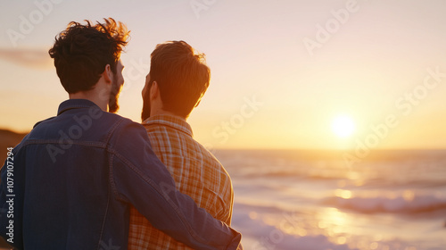 A Romantic Sunset Getaway for a Gay Couple Embracing on a Beautiful Beach With Crashing Waves