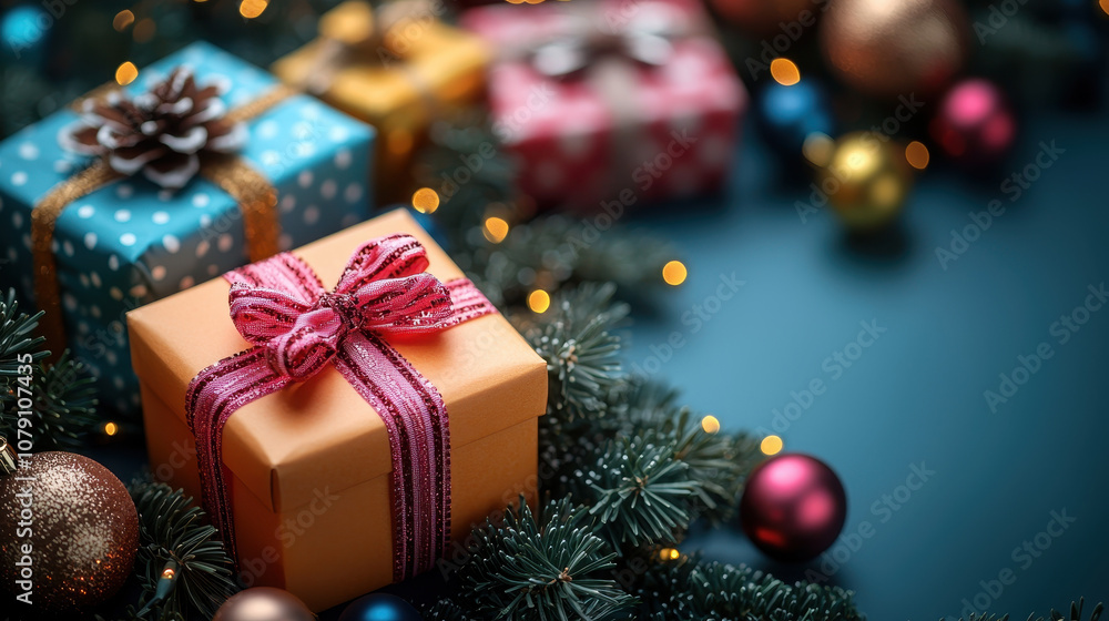 Festive gift boxes arranged with ornaments and pine branches create joyful holiday atmosphere. Perfect for celebrating season with loved ones Festive gift boxes arranged with ornaments and pine branches create joyful holiday atmosphere. Perfect for celebrating season with loved ones