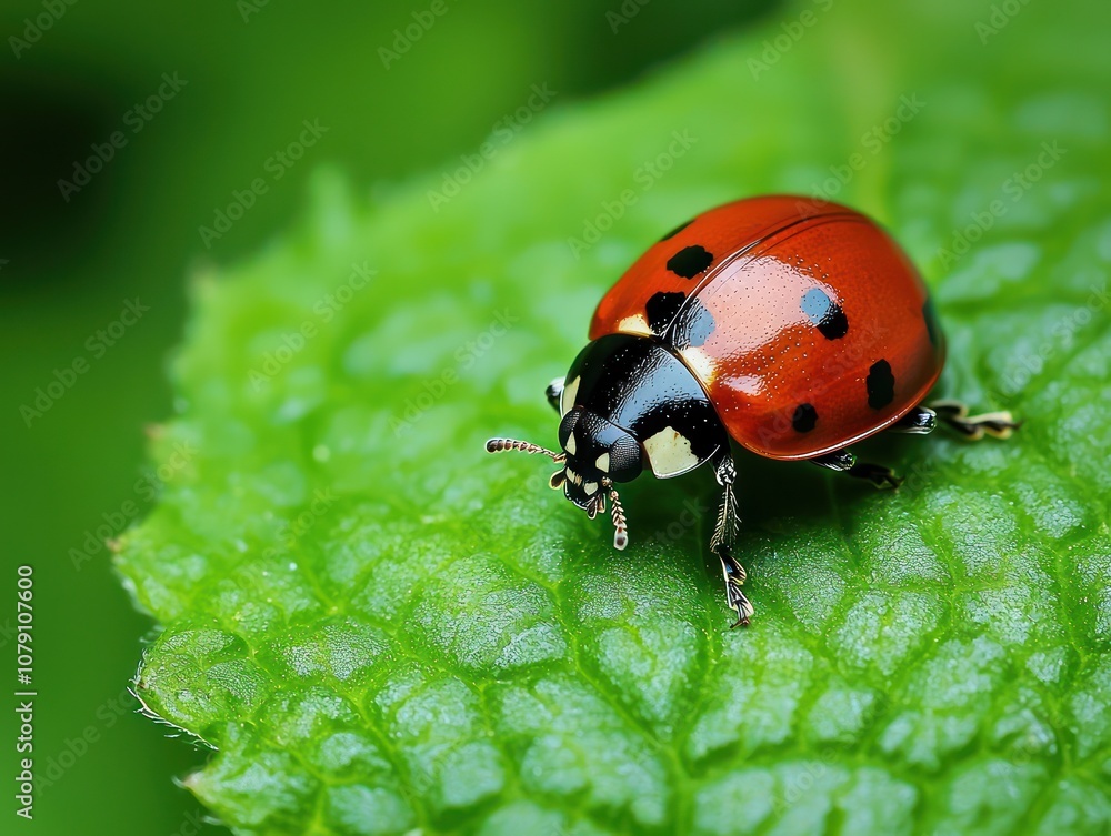 Ladybug crawling on a green leaf Ladybug crawling on a green leaf