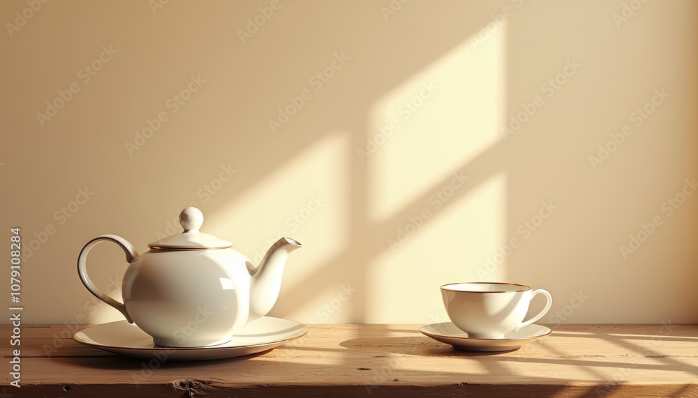 Elegant porcelain teapot and cup on a wooden table with soft shadows and warm light Elegant porcelain teapot and cup on a wooden table with soft shadows and warm light