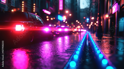 vibrant cyberpunk city scene featuring neon lights reflecting on wet streets  with cars illuminated by colorful lights creating dynamic atmosphere