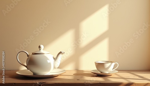 Elegant porcelain teapot and cup on a wooden table with soft shadows and warm light