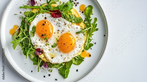 egg white omelette with greens, high-protein breakfast, modern plating, isolated on white background  photo