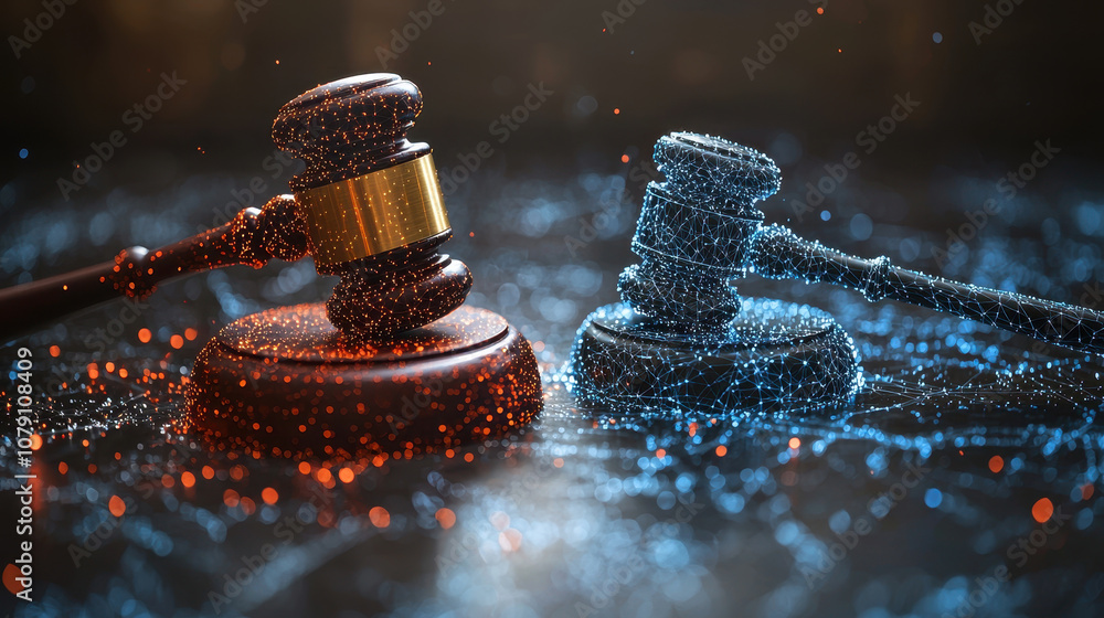 split image of traditional gavel and digital gavel, symbolizing justice and technology. contrasting colors and textures evoke sense of balance and innovation in legal field split image of traditional gavel and digital gavel, symbolizing justice and technology. contrasting colors and textures evoke sense of balance and innovation in legal field