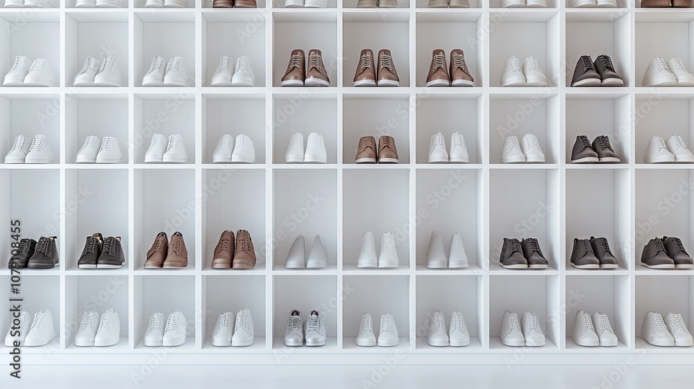 Shoe cabinet in white finish with open shelves, neatly organized with various shoes, isolated on a white background. Shoe cabinet in white finish with open shelves, neatly organized with various shoes, isolated on a white background.