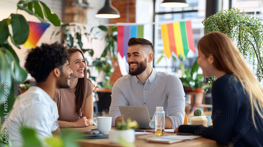 Celebrating Diversity and Inclusion on LGBT Pride Day in a Vibrant Office Space With Joyful Colleagues
