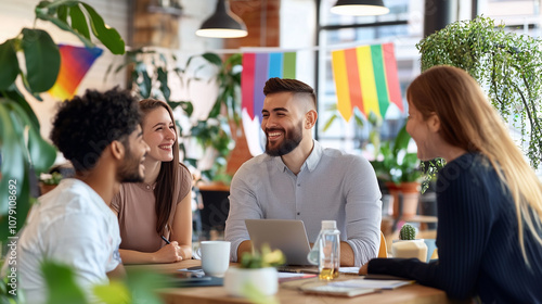 Obraz na płótnie Celebrating Diversity and Inclusion on LGBT Pride Day in a Vibrant Office Space With Joyful Colleagues w salonie
