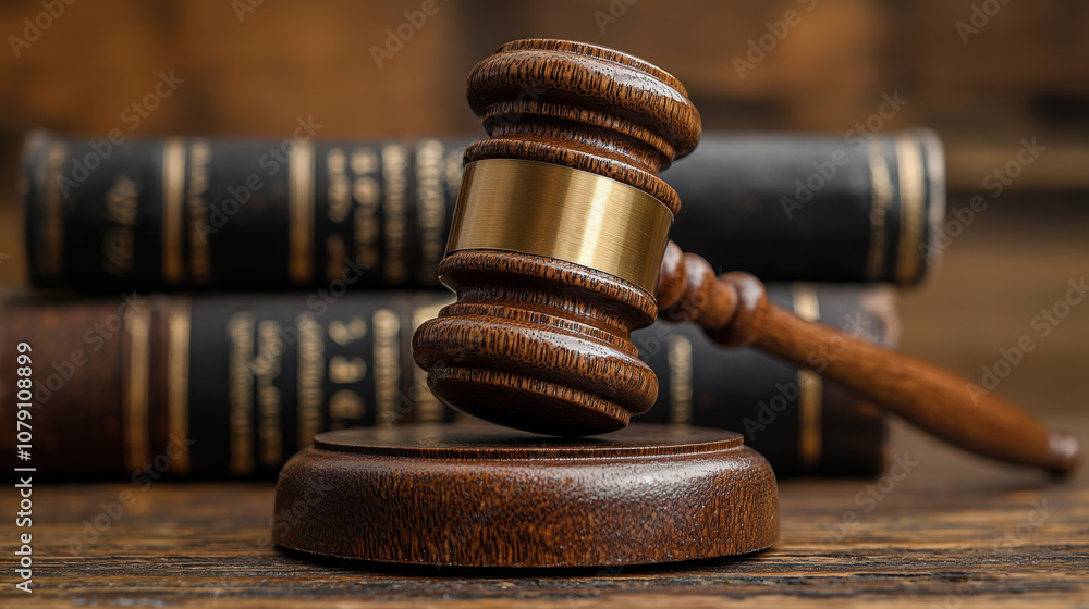 gavel resting on wooden block symbolizes justice and legal authority, with law books in background representing legal system gavel resting on wooden block symbolizes justice and legal authority, with law books in background representing legal system