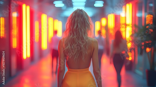 Back view of a woman walking through a modern corridor with vibrant orange lights, showcasing a blend of fashion, emotion, and contemporary aesthetics in a dynamic urban environment. photo