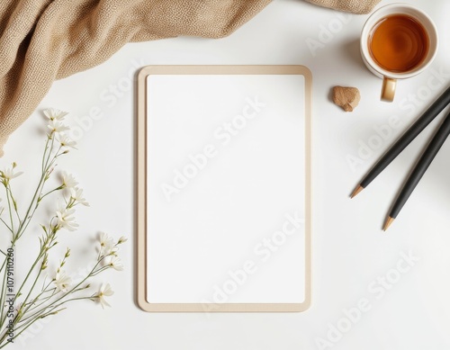 Minimalist flat lay of a blank, elegant stationery card on a textured surface, surrounded by a succulent plant, a cup of coffee, a black pen, and natural decor items like stones and soft fabric. photo