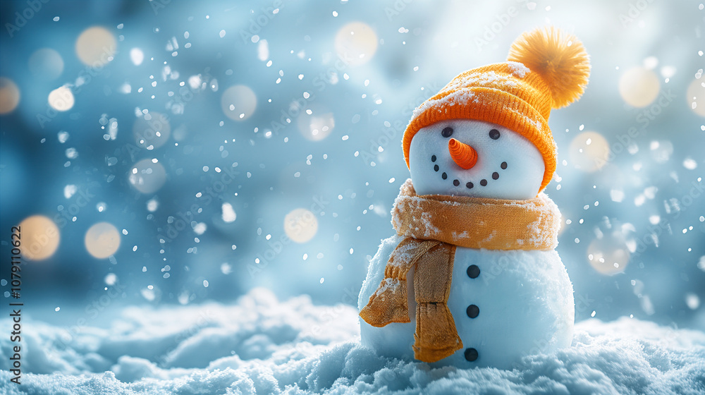 Fototapeta premium Cheerful snowman with orange hat and scarf stands in snowy landscape, winter holidays. Generative AI