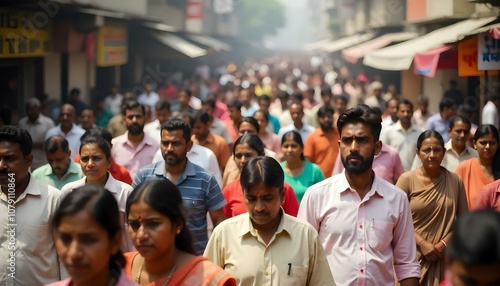 Crowd of blurred Indian men and women walking on a busy India city street