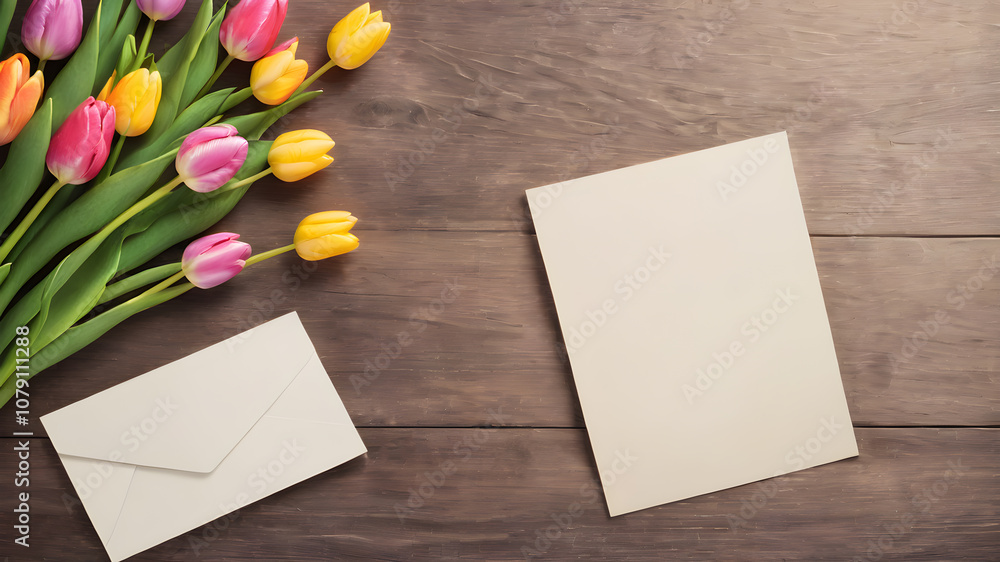 wooden background with tulip flowers with paper note empty space for greeting message. Love and greeting concept design. AI generated image, ai wooden background with tulip flowers with paper note empty space for greeting message. Love and greeting concept design. AI generated image, ai
