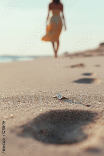 Woman walking away from sparkling ring stuck in sand on beach after breaking off engagement photo