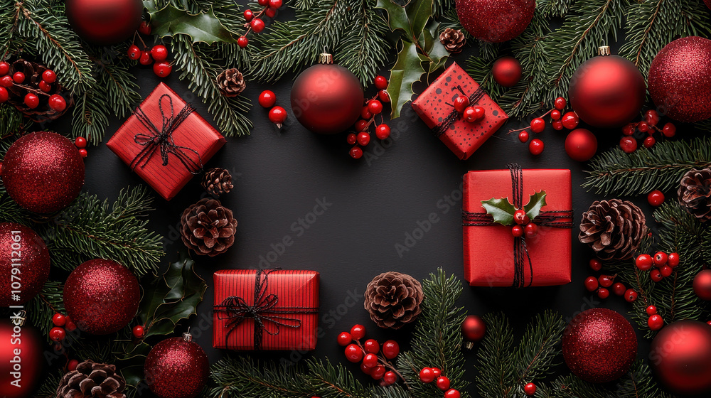 Festive flat lay of red and black Christmas gifts, ornaments, and pine. Perfect for holiday celebrations and seasonal decor Festive flat lay of red and black Christmas gifts, ornaments, and pine. Perfect for holiday celebrations and seasonal decor