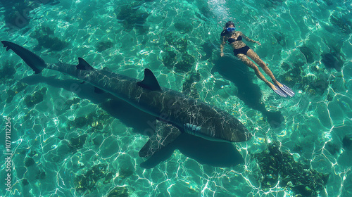 Diver swimming alongside shark in clear turquoise water, showcasing beauty of marine life and underwater exploration