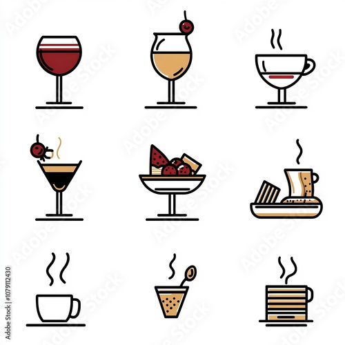 Wallpaper Mural Elegant Food and Drink Icons with Refined Line Work and Color Accents Torontodigital.ca