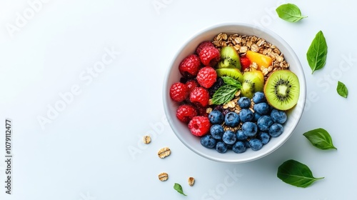 healthy breakfast bowl, modern presentation, fresh fruits and granola, vibrant colors, minimalistic style, isolated on white background --ar 16:9 --v 6.1 Job ID: e05d554b-2b8b-431a-90f6-a41949eba23b