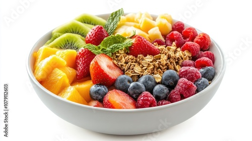 healthy breakfast bowl, modern presentation, fresh fruits and granola, vibrant colors, minimalistic style, isolated on white background --ar 16:9 --v 6.1 Job ID: f285b82d-eeb3-4f8d-b633-05cbfb1633b6