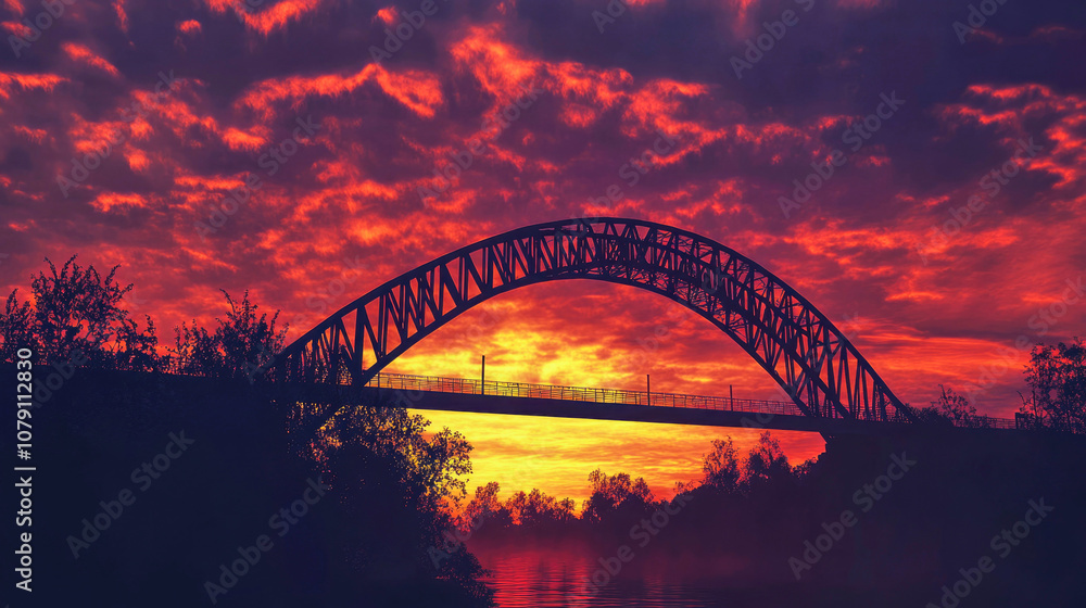 Naklejka premium Steel arch bridge silhouetted against a vibrant sunset sky with fiery colors at dusk