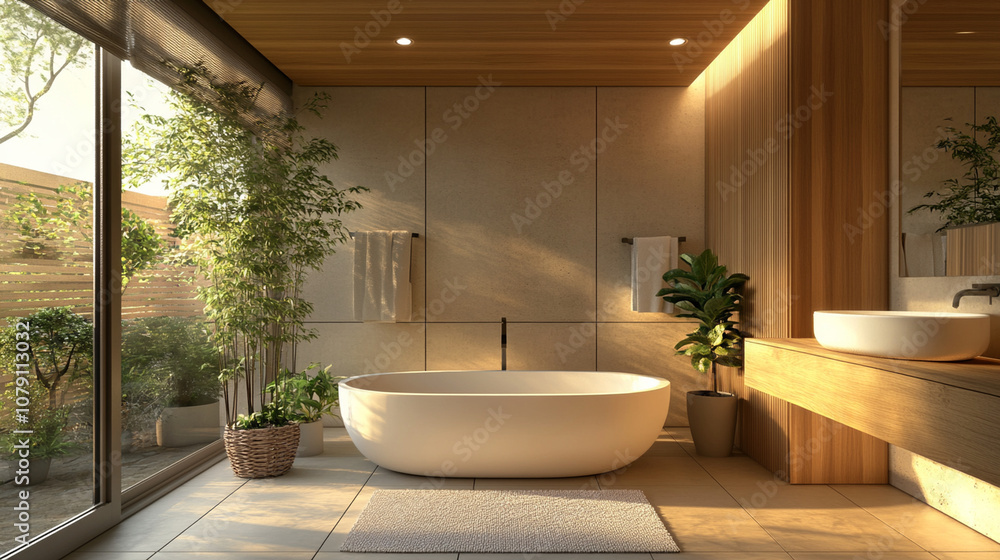 Modern bathroom design featuring a freestanding tub and indoor plants in a serene setting Modern bathroom design featuring a freestanding tub and indoor plants in a serene setting