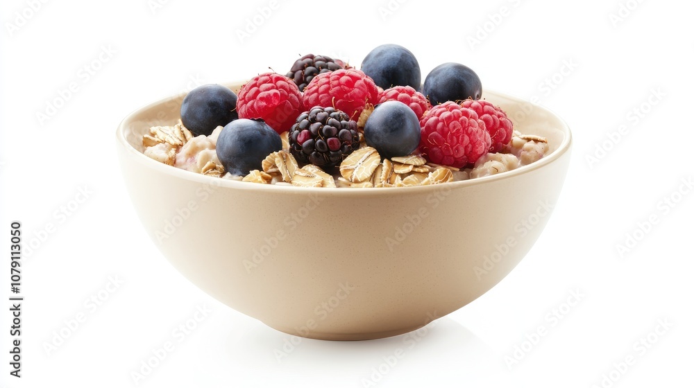 oatmeal bowl, topped with fresh berries and seeds, modern presentation, clean aesthetic, isolated on white background oatmeal bowl, topped with fresh berries and seeds, modern presentation, clean aesthetic, isolated on white background