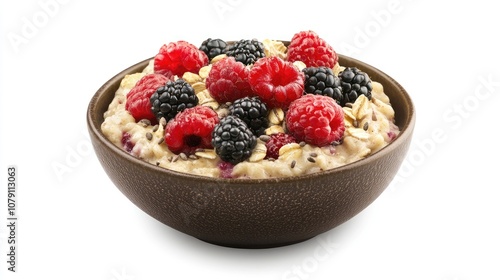 oatmeal bowl, topped with fresh berries and seeds, modern presentation, clean aesthetic, isolated on white background