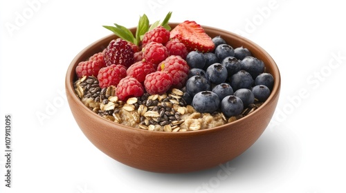 oatmeal bowl, topped with fresh berries and seeds, modern presentation, clean aesthetic, isolated on white background photo