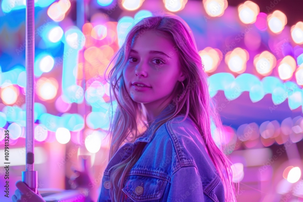 Young woman embracing neon lights at a night carnival Young woman embracing neon lights at a night carnival