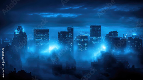 Fototapeta Naklejka Na Ścianę i Meble -  Eerie silhouette of a misty city skyline at midnight, enveloped in fog