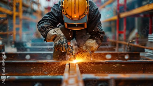 A worker wearing a protective helmet welding metal, creating sparks in a busy industrial environment.