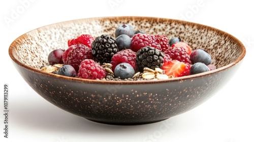 oatmeal bowl, topped with fresh berries and seeds, modern presentation, clean aesthetic, isolated on white background