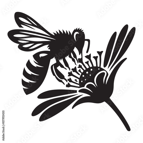  Bee pollinating a flower silhouette vector art black color design and solid white background 