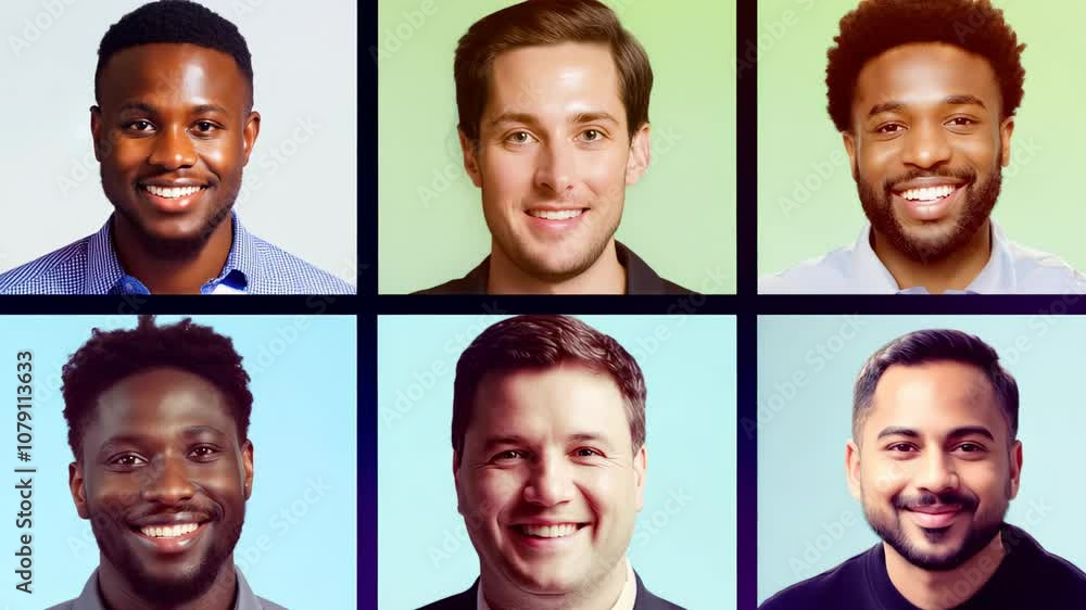 Smiling group of diverse professionals in a virtual grid, radiating positivity and camaraderie in a collaborative digital setting.