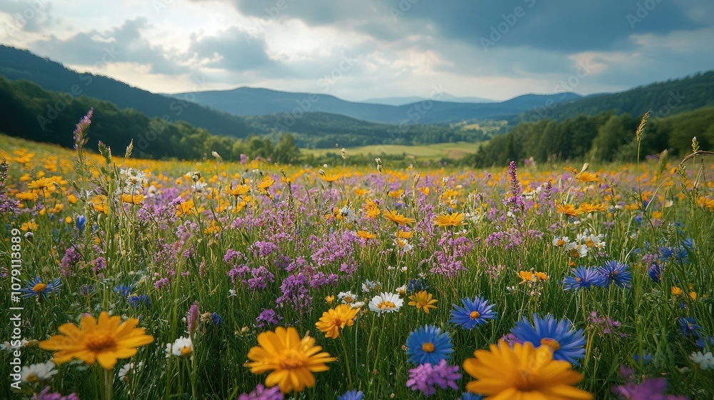 Obraz premium Beautiful wildflower meadow with mountains in the background under a cloudy sky