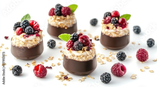 overnight oats with berries, simple and stylish, modern breakfast concept, isolated on white background